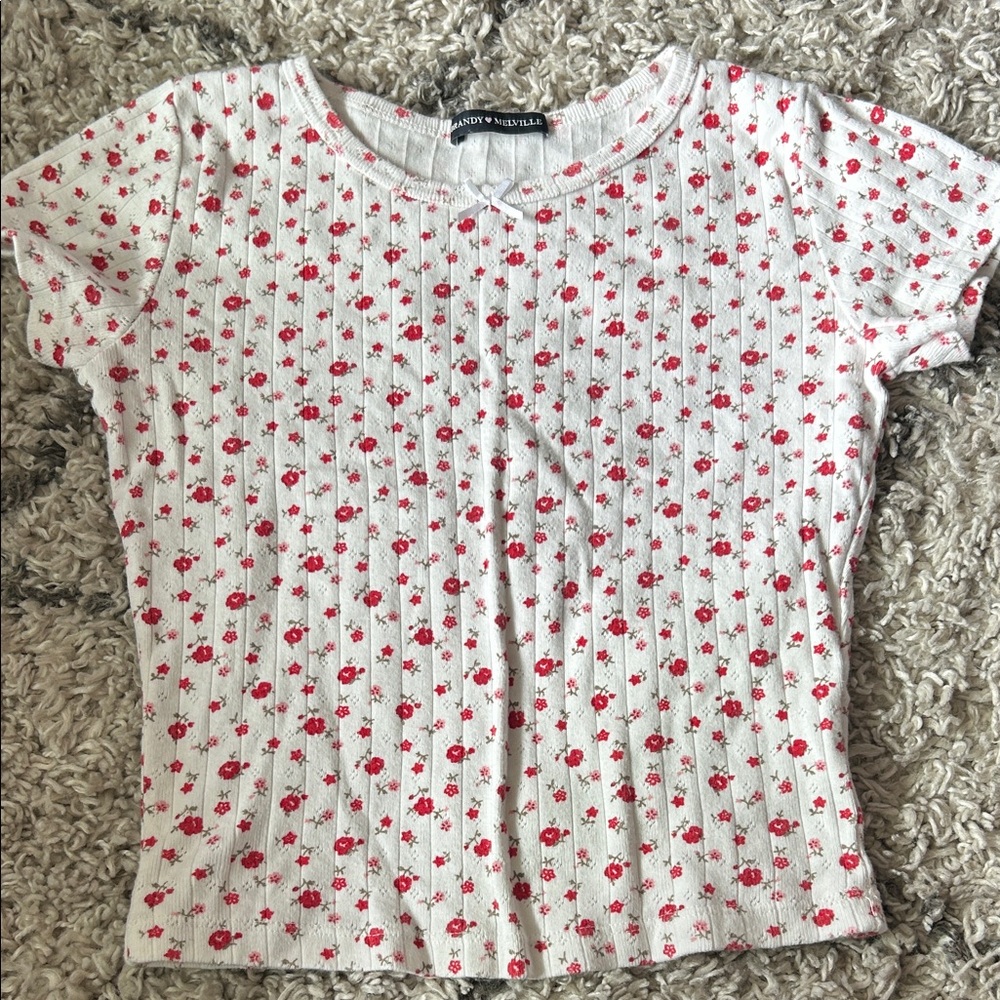 Brandy Melville White Tee with Pink Floral Pattern